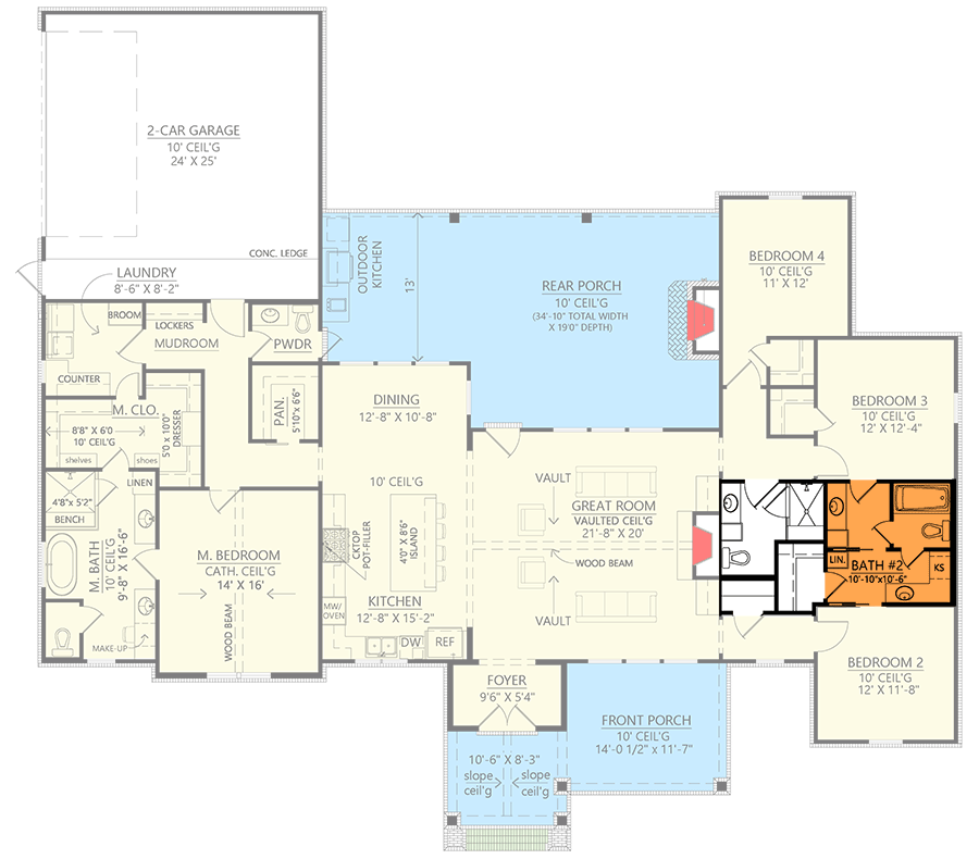 Plan 56542SM: 4-Bed Country Craftsman House Plan with Outdoor Kitchen - 2507 Sq Ft - Floor Plan - Optional Alt. Bath - Jack & Jill (+$ Paid Option) - Country, Farmhouse, Modern Farmhouse, New American