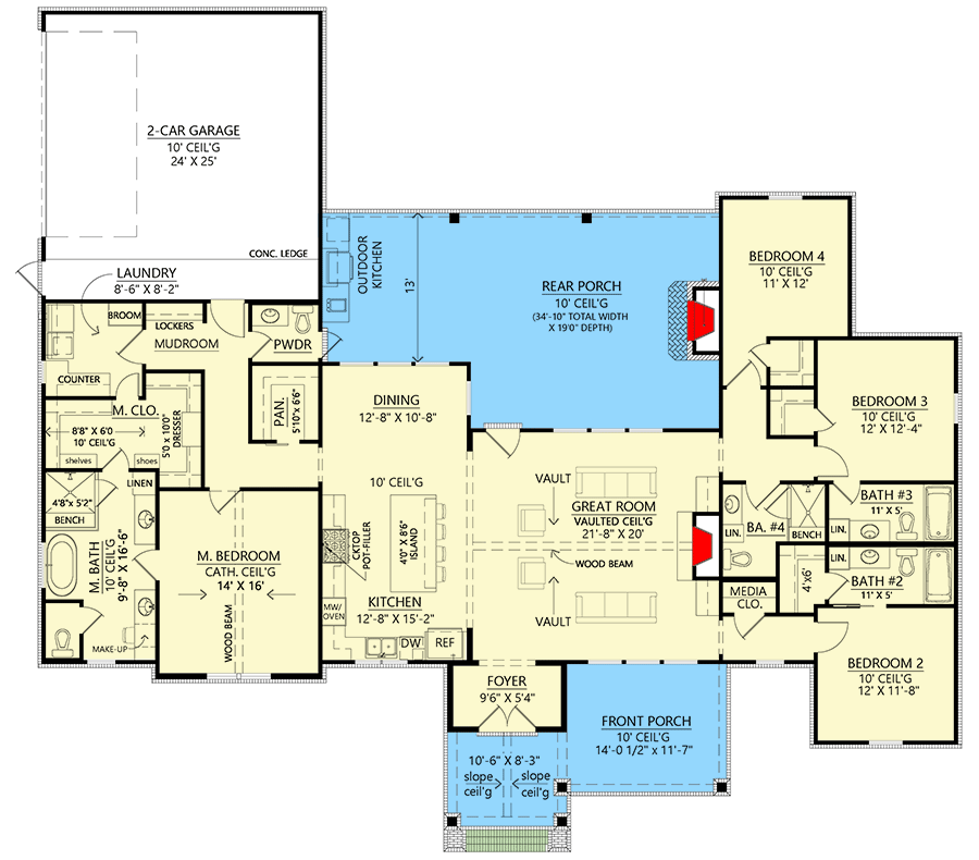 Plan 56542SM: 4-Bed Country Craftsman House Plan with Outdoor Kitchen - 2507 Sq Ft - Floor Plan - Main Level - Country, Farmhouse, Modern Farmhouse, New American