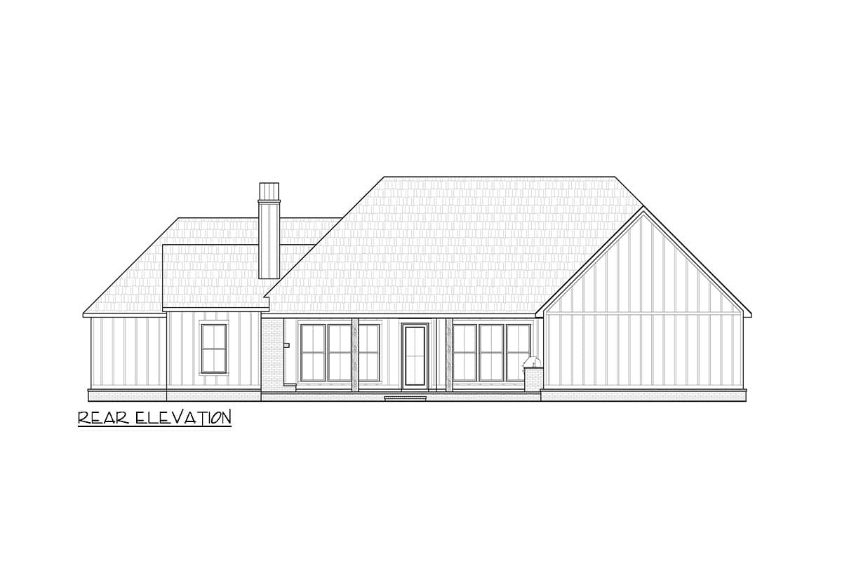 Rear elevation drawing of a house plan with a prominent gable, chimney, and covered porch with multiple windows.