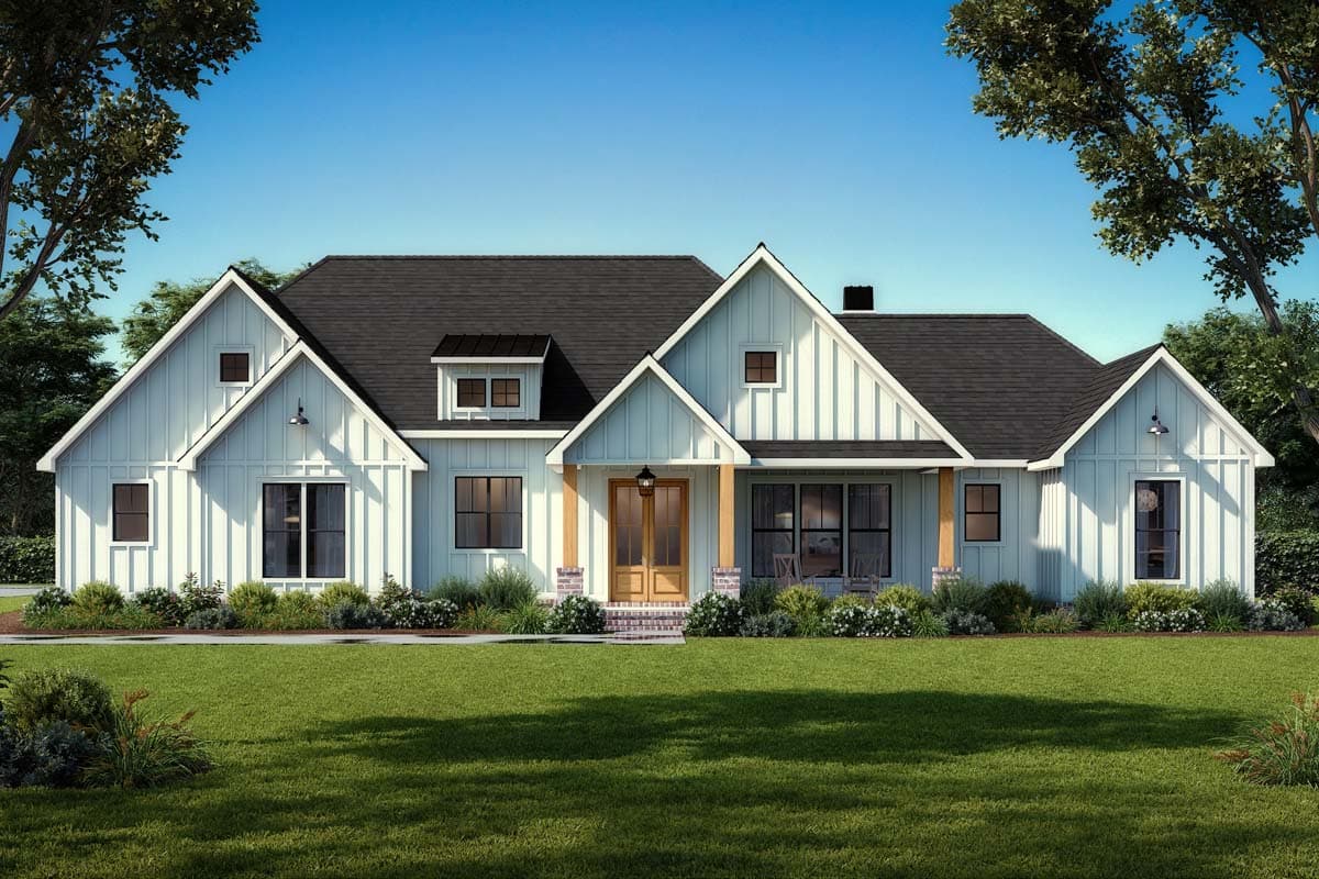 Modern farmhouse style house plan exterior with board and batten siding, prominent gables, a dormer, and a covered front porch.