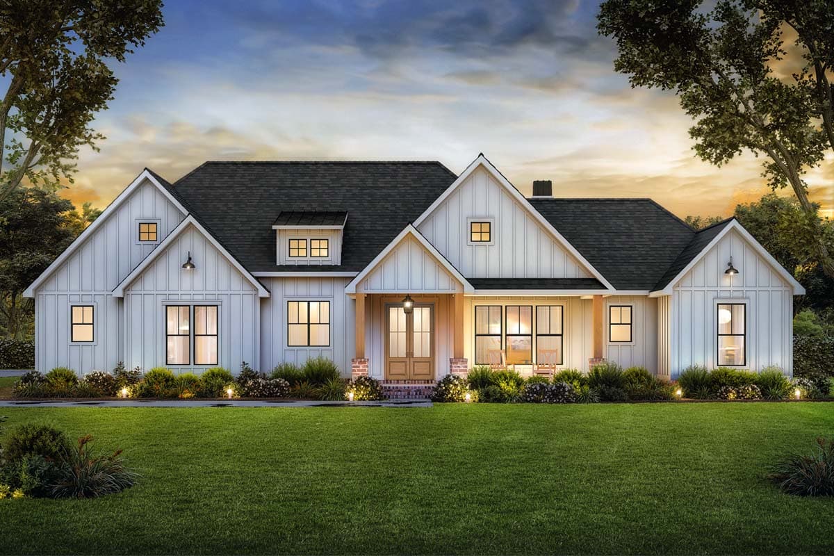 House plan exterior. Modern Farmhouse style with two stories, gabled rooflines, dormers, and a covered porch. Board and batten siding.
