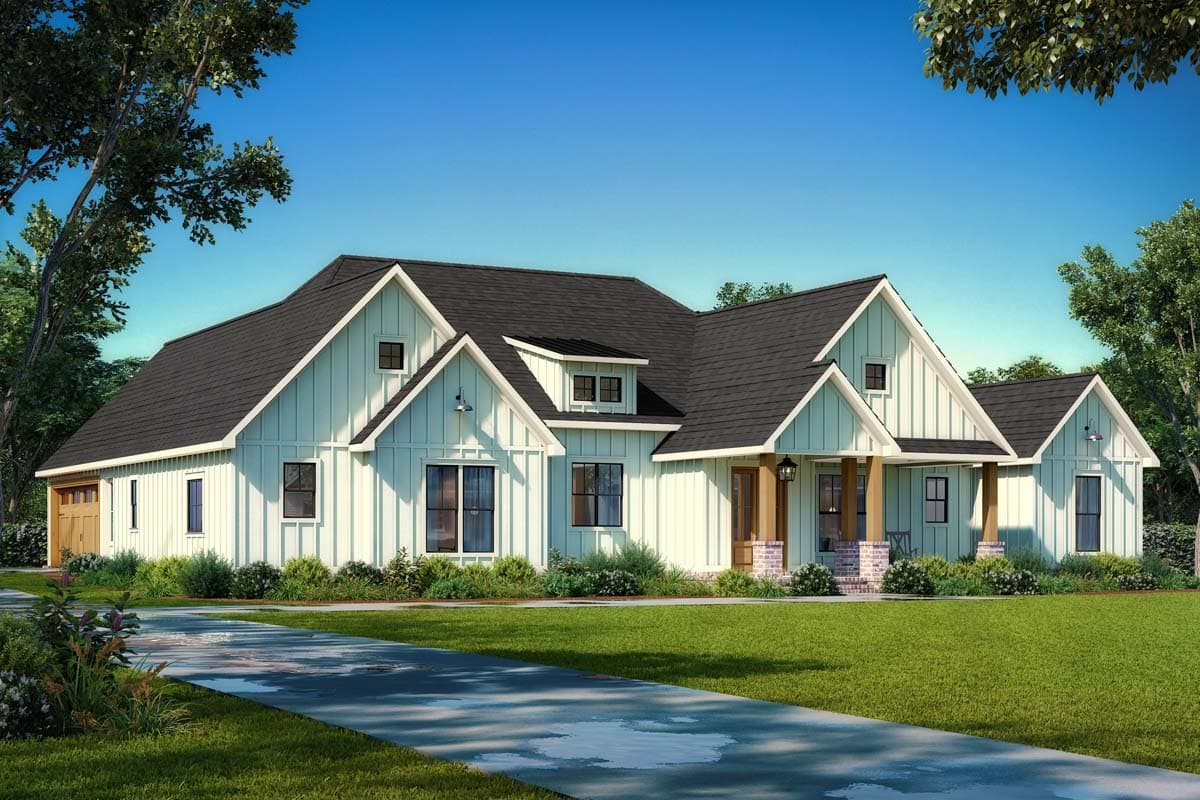 Modern Farmhouse house plan exterior with board and batten siding, multiple gables, dormers, and covered front porch.
