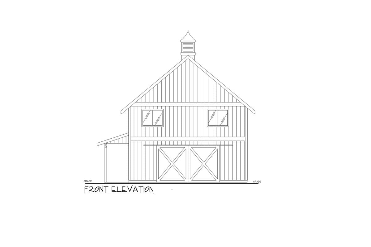 Front elevation drawing of a two-story barn with double barn doors, two upper windows, and a cupola.