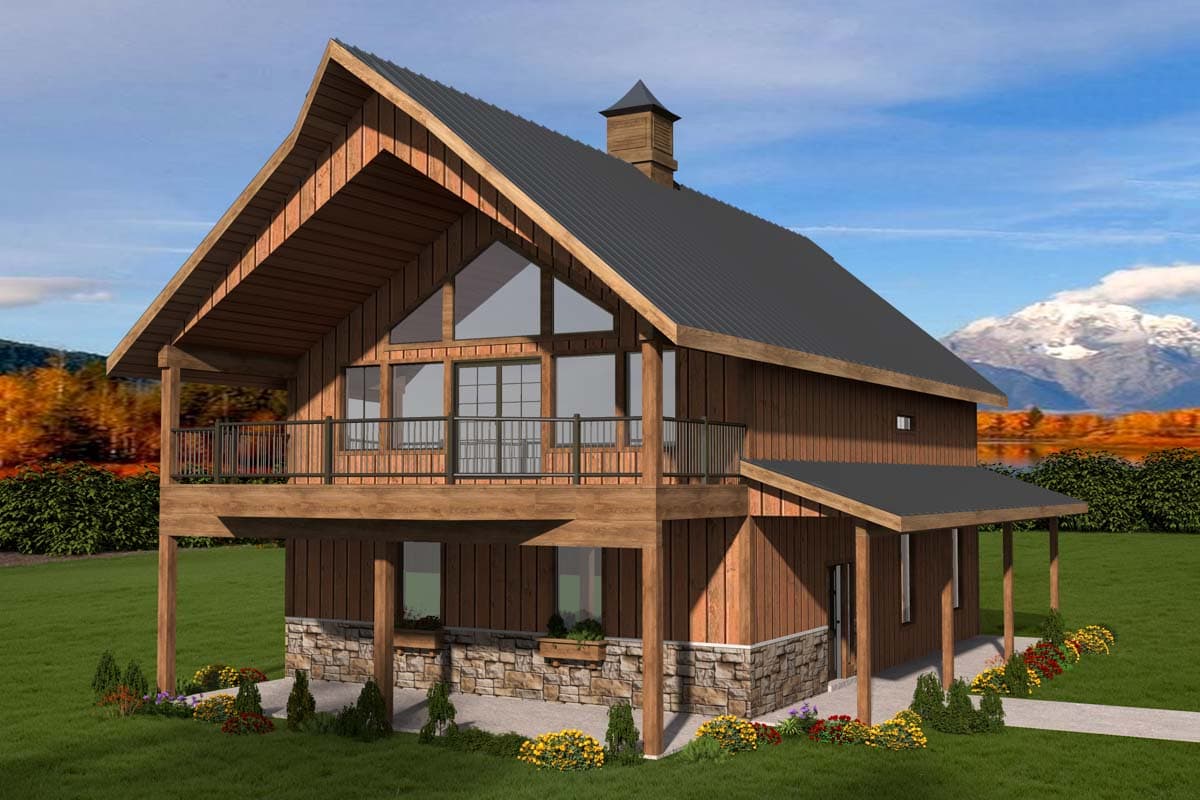 House plan exterior with two stories. Features a shed roof entry, a gable roof, and a second-story balcony with metal railings.