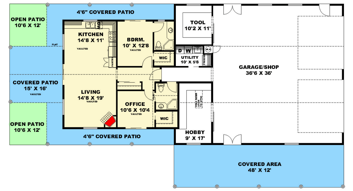 Plan 350059GH: 990 Square Foot House Plan with Large 1920 Sq Ft Garage Shop - Floor Plan - Main Level - Cabin, Cottage, Northwest
