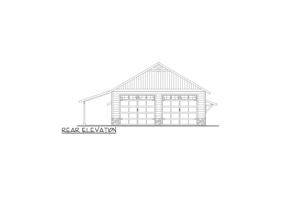 Rear elevation drawing of a house plan featuring a two-car garage with stone accents and a gable roof.