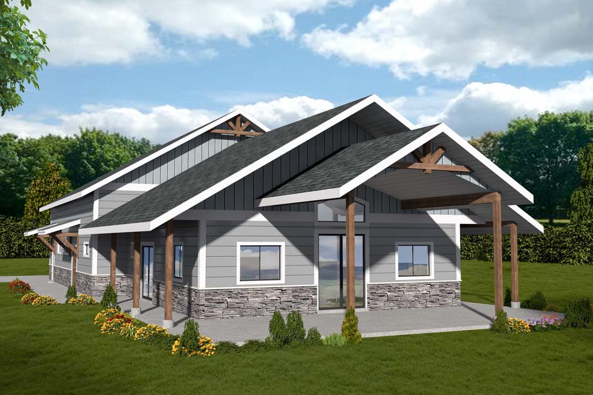 House plan exterior with modern style, one story, a covered porch with exposed beams, and multiple gabled roof sections.