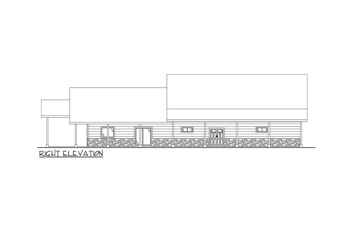 Right elevation drawing of a house plan showing a porch, horizontal siding, and stone base.