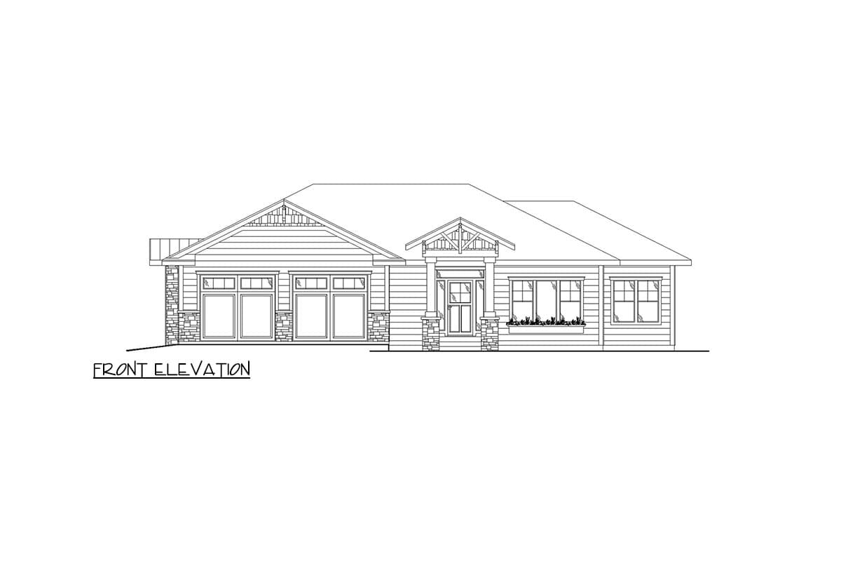 Front elevation drawing of a single-story house plan with a three-car garage, covered entry, and stone accents.