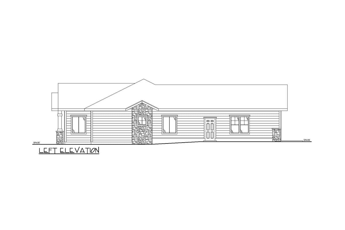 Left elevation drawing of a single-story house with horizontal siding, stone accents on gables and porch supports, and a prominent gable.