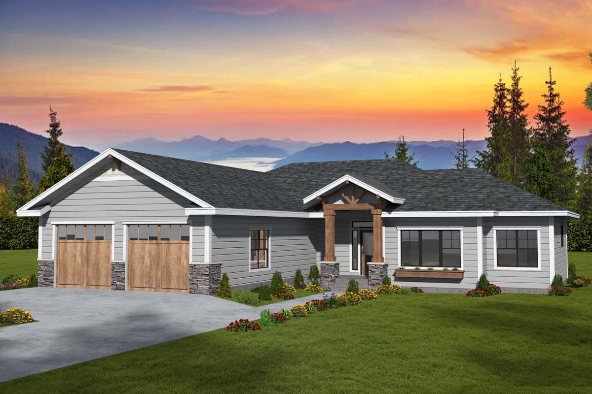 House plan exterior featuring a one-story, Craftsman-style home with gabled roof, timber-framed entry porch, and a two-car garage.