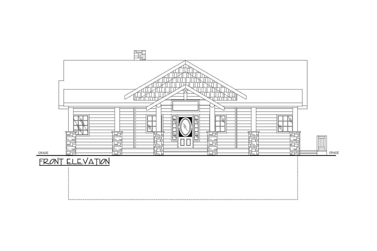 Front elevation of a single-story house plan with a covered porch supported by stone columns and a prominent gable.