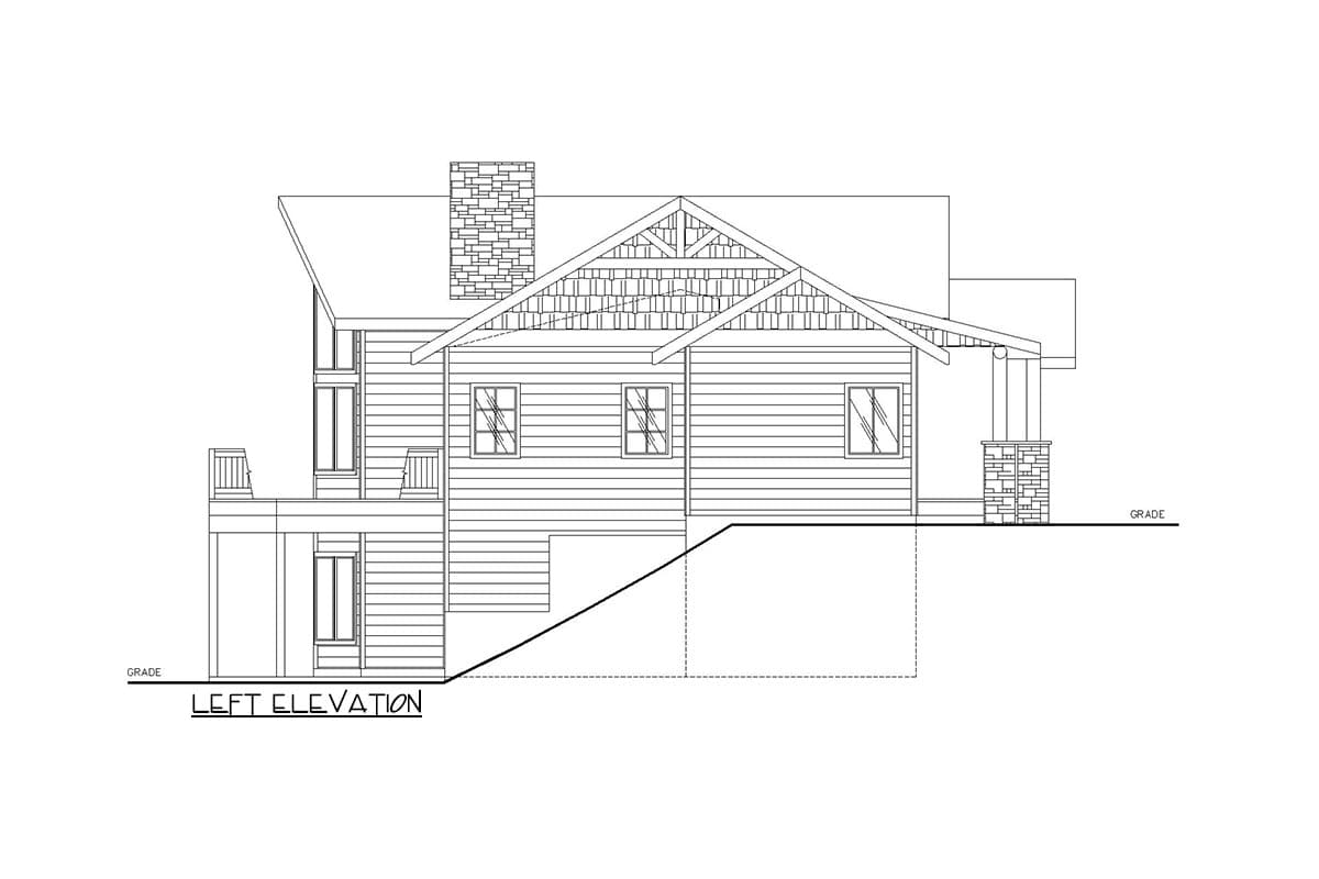 Left elevation house plan with gable roof, stone chimney, wood siding, and covered porch.