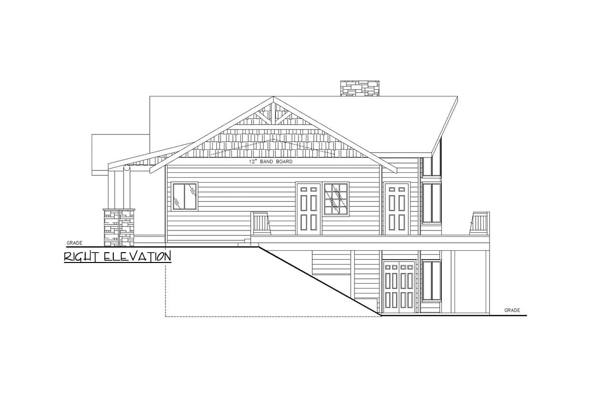 Right elevation drawing of a house plan featuring a gable roof, dormer windows, a stone-clad porch, and multiple entry doors.