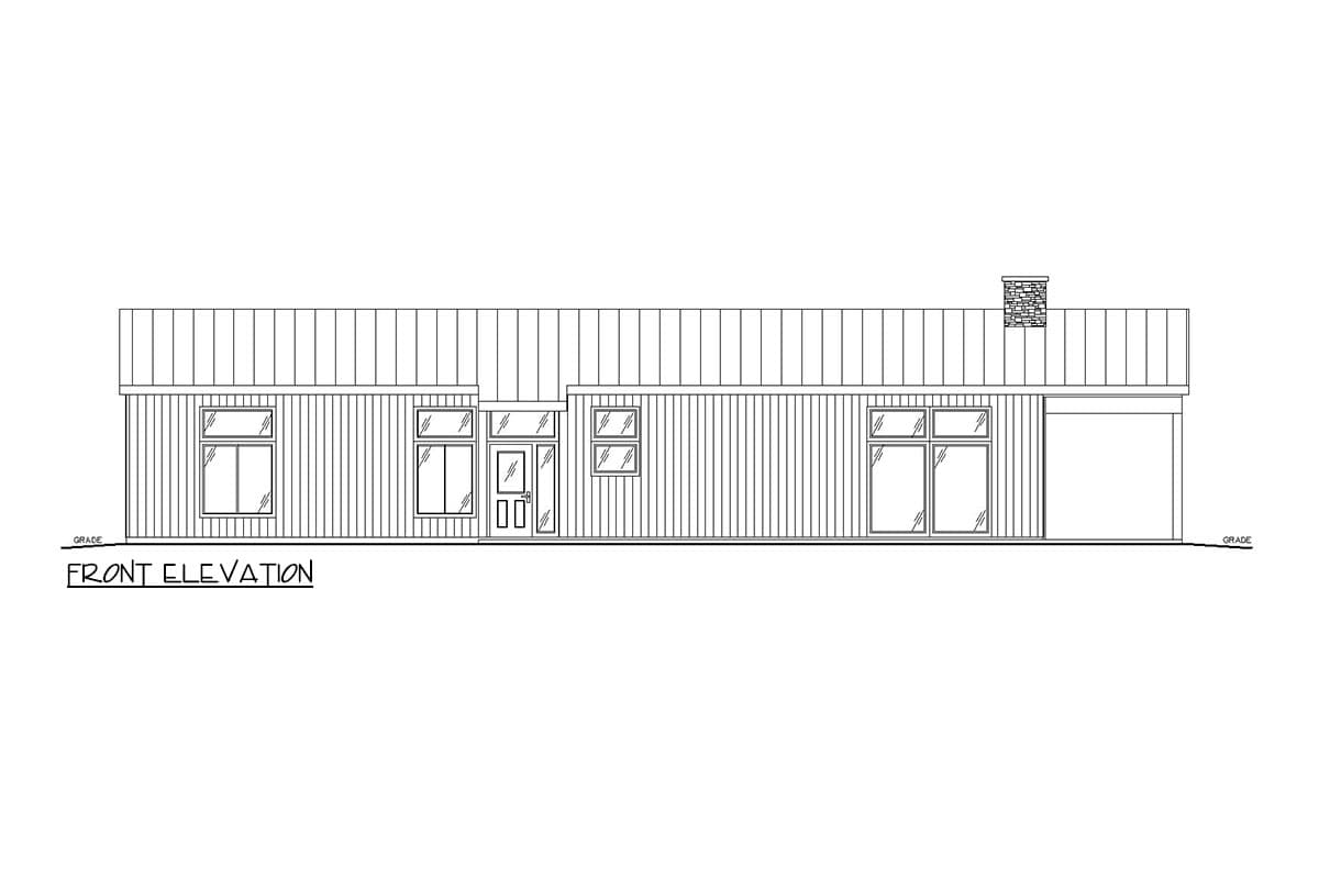 Front elevation drawing of a single-story house with horizontal siding, multiple windows, a double door entry, and an attached garage.