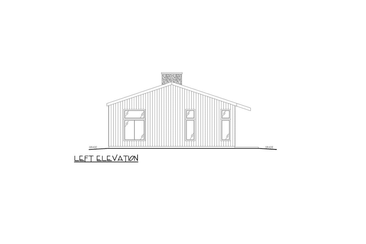 Left elevation drawing of a house with a shed roof, vertical siding, and a stone chimney.