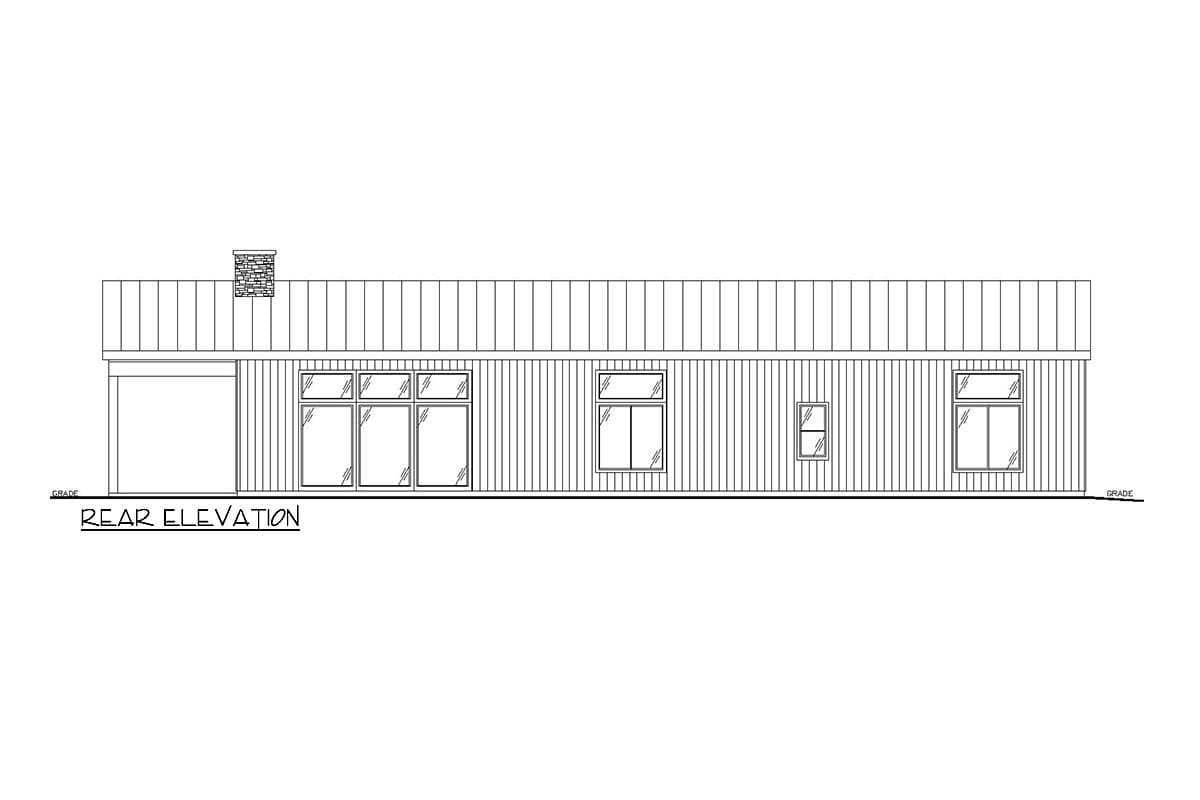 Rear elevation drawing of a single-story house with vertical siding, a garage door, a chimney, and several windows.