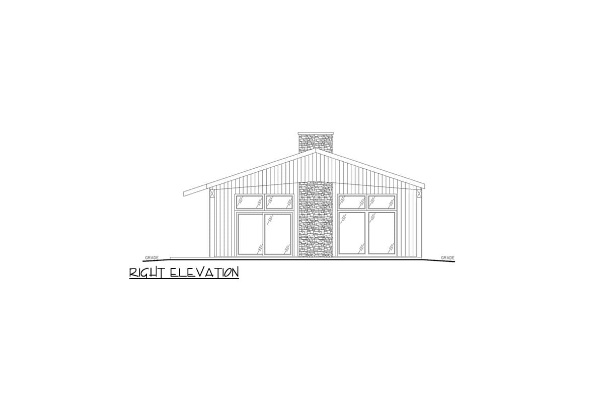 Right elevation house plan drawing showing a single-story structure with two large windows, a prominent stone chimney, and vertical siding.