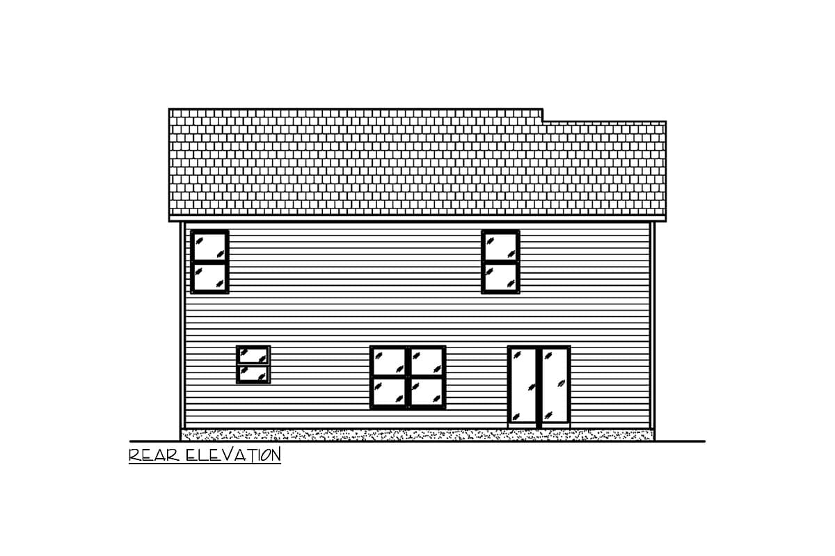 Rear elevation drawing of a two-story house plan featuring horizontal siding, a gabled roof, and four windows.