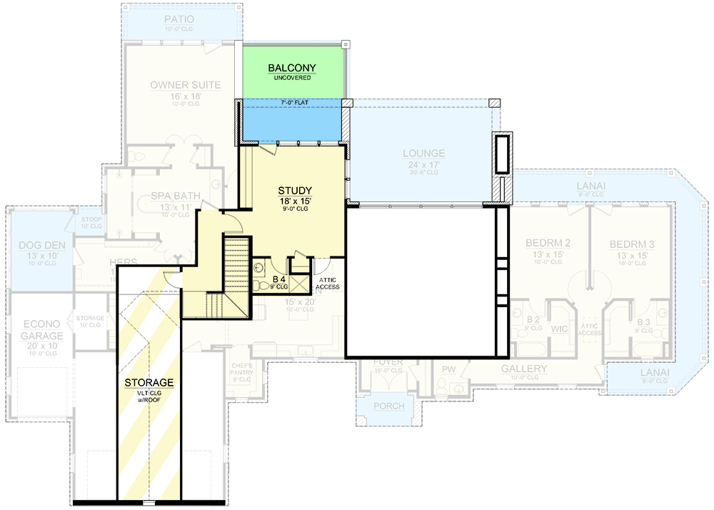 Plan 36697TX: Modern Hill Country House Plan with Upstairs Study - 3706 Sq Ft - Floor Plan - 2nd Floor - Hill Country, Transitional