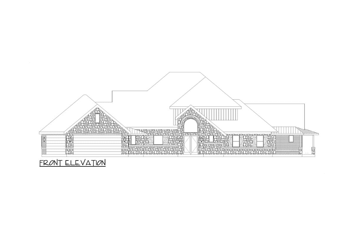 Front elevation house plan featuring a two-car garage, stone facade, arched entry, and a covered porch.
