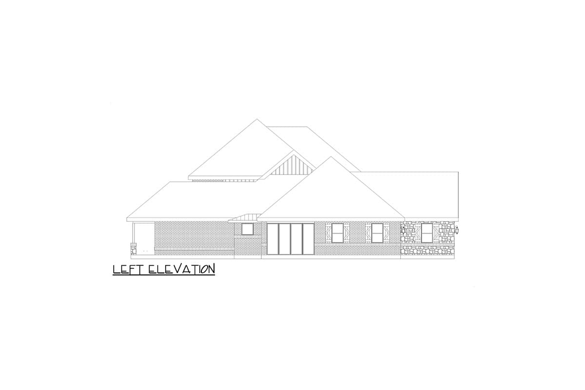 Left elevation house plan showing a one-story brick structure with stone accents, gabled rooflines, and large sliding glass doors.
