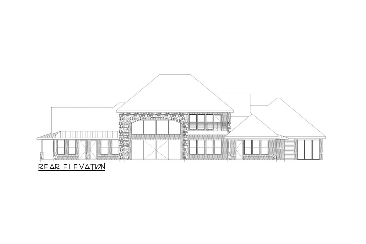 Rear elevation drawing of a house with stone and brick facade, multiple gables, covered porch, and balcony.