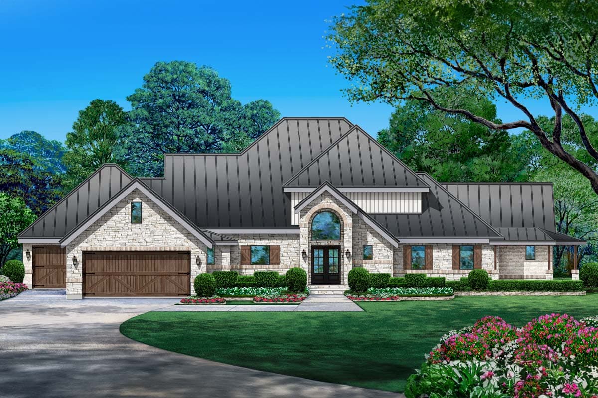 House plan exterior with stone veneer, metal roof, and an arched entry. Includes two-car garage and window shutters.