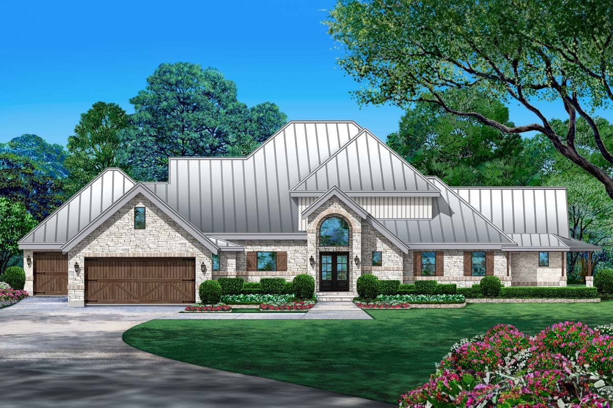 House plan exterior. Stone accents, multiple gables, metal roof, and a three-car garage.