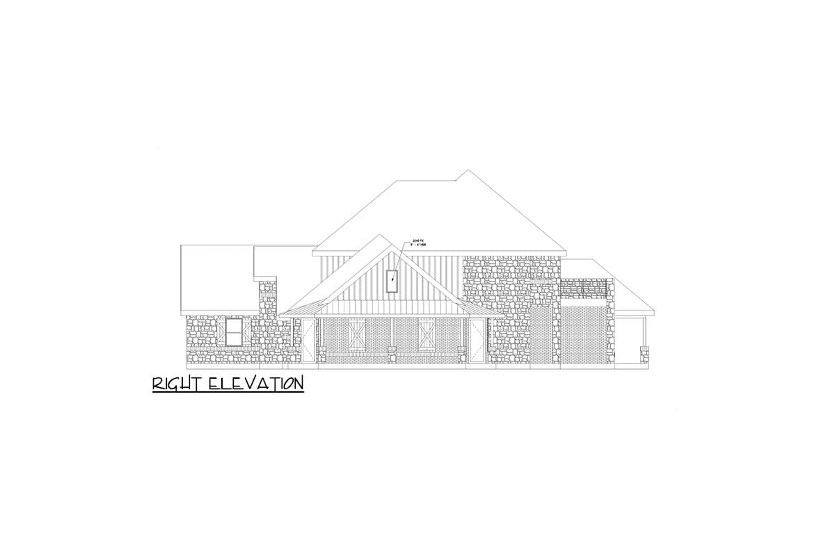 Right elevation house plan with stone accents, covered porch, and garage.