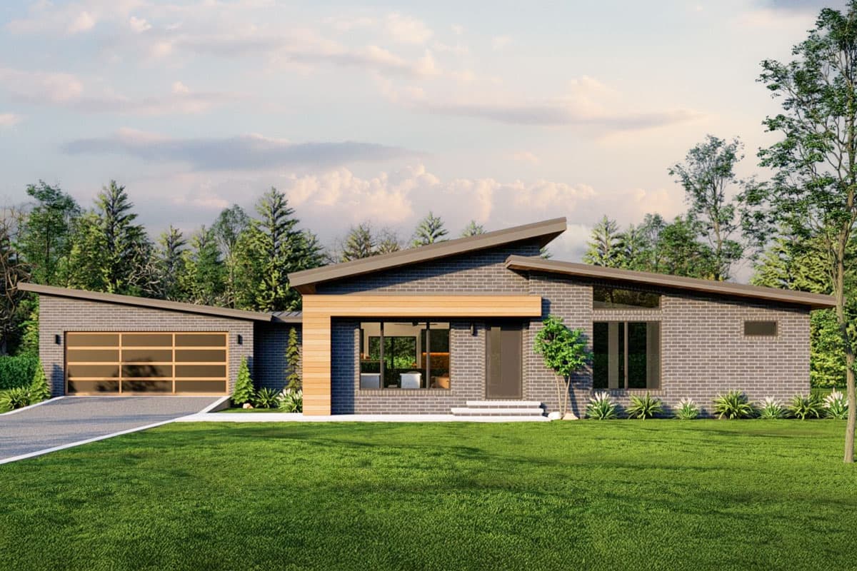 House plan exterior. Modern style, one story, with a sloped roof, detached garage, and an open entryway with wooden accents.