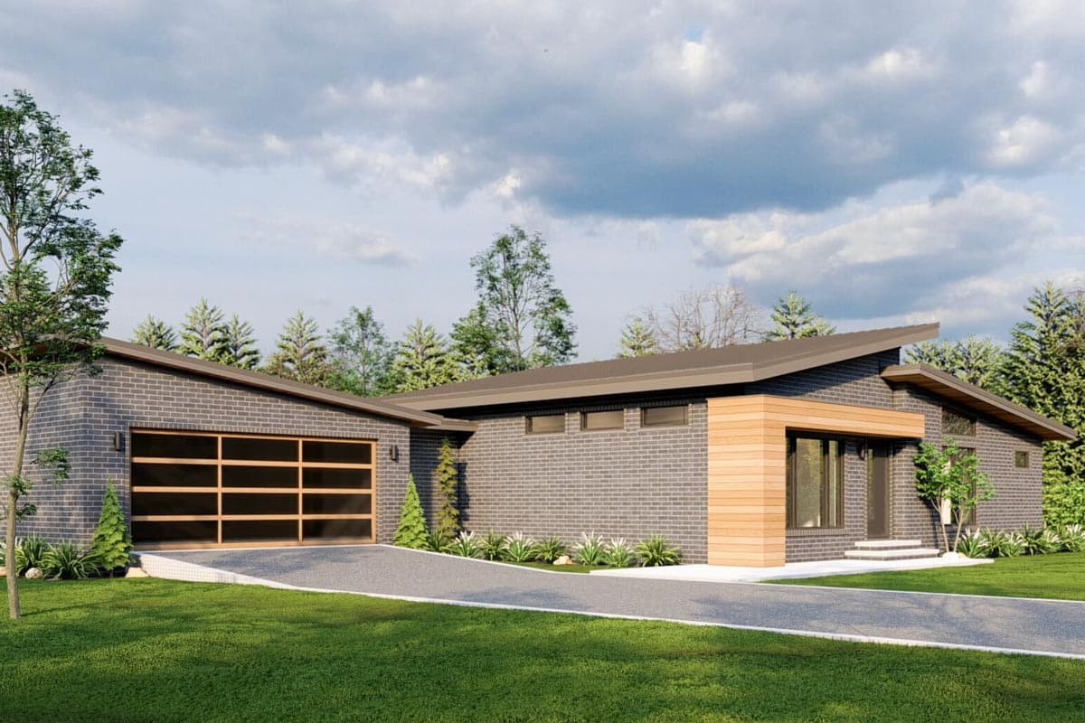 Modern house plan exterior with asymmetrical rooflines, dark brick facade, wood accents, and glass garage door.
