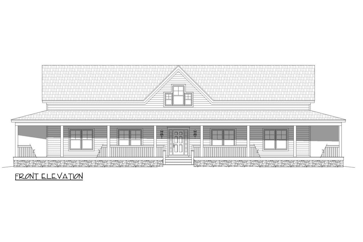 Front elevation drawing of a two-story house with a wraparound porch, gabled dormer, and stone foundation.
