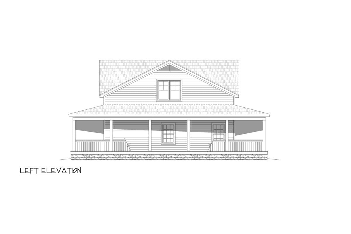 Left elevation house plan: one-story house with full-width porch, gabled roof, and stone foundation.