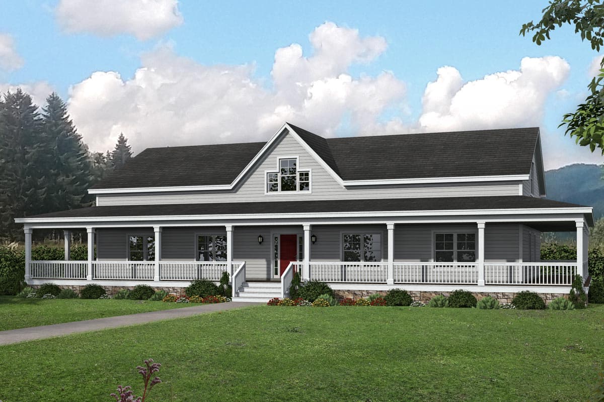 House plan exterior. Two-story farmhouse with wraparound porch. Features include gable over entry and dormer. Dark roof and light siding.