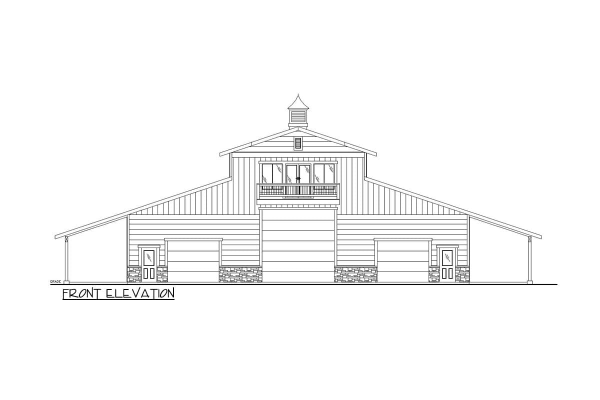 Front elevation drawing of a large barn-style house with two garage doors, a second-story balcony, and a cupola.