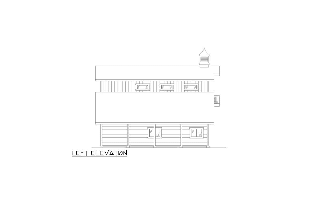 Left elevation house plan drawing of a two-story home with a cupola, multiple windows, and a small balcony.