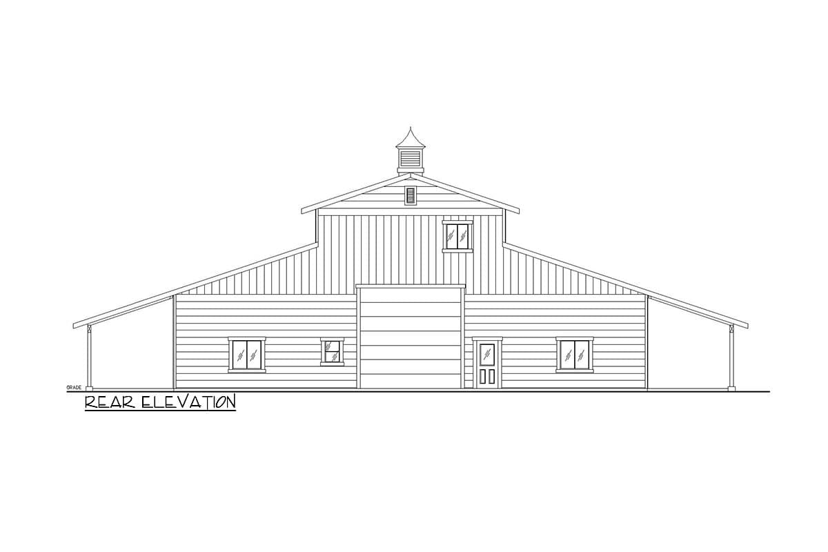 Rear elevation of a barn-style house plan with a cupola, multiple windows, and a covered porch.