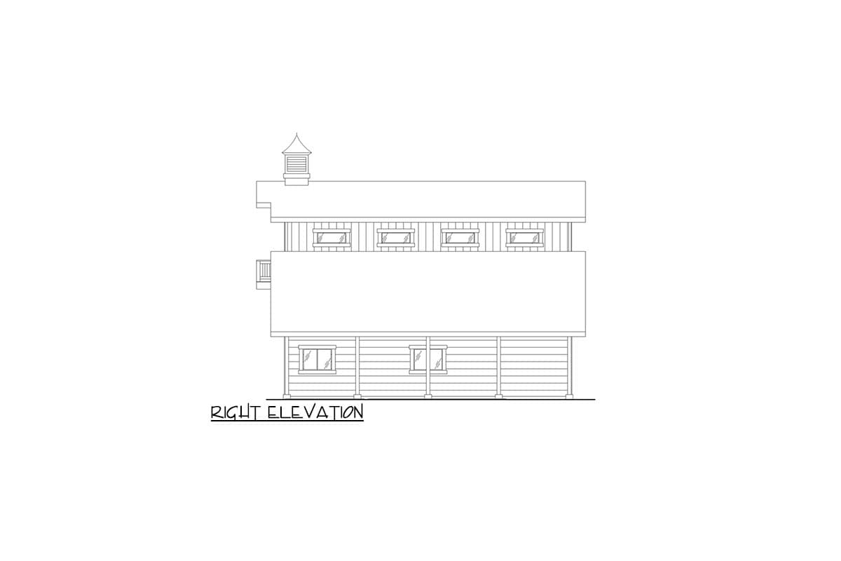 Right elevation house plan showing a two-story structure with a cupola, multiple windows, and a covered lower level.
