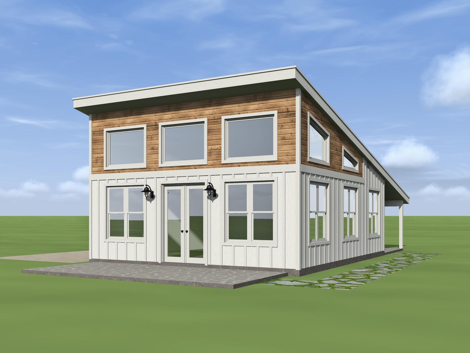 House plan exterior with a pitched roof, wood siding on upper level, board and batten on lower level, and multiple windows.