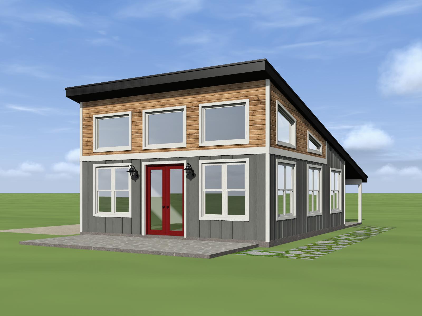 Modern house plan exterior with wood siding, gray siding, double red doors, and a sloped roof with clerestory windows.