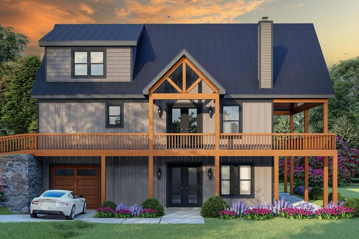 Modern Farmhouse house plan exterior with gambrel dormer, wraparound porch, and exposed wood gable over front entrance.