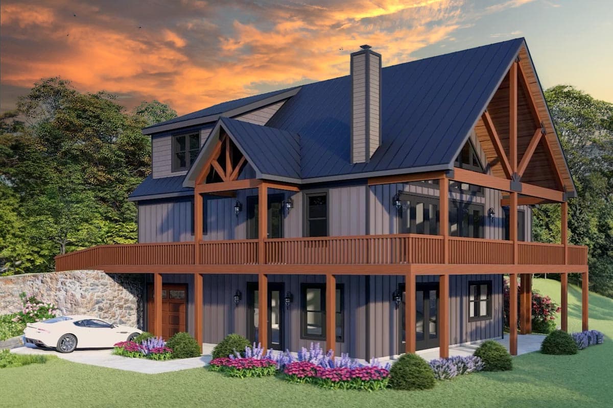 House plan exterior. Two-story Modern house with gabled roof, timber-framed porch, and dormer. Features include covered deck and a garage.