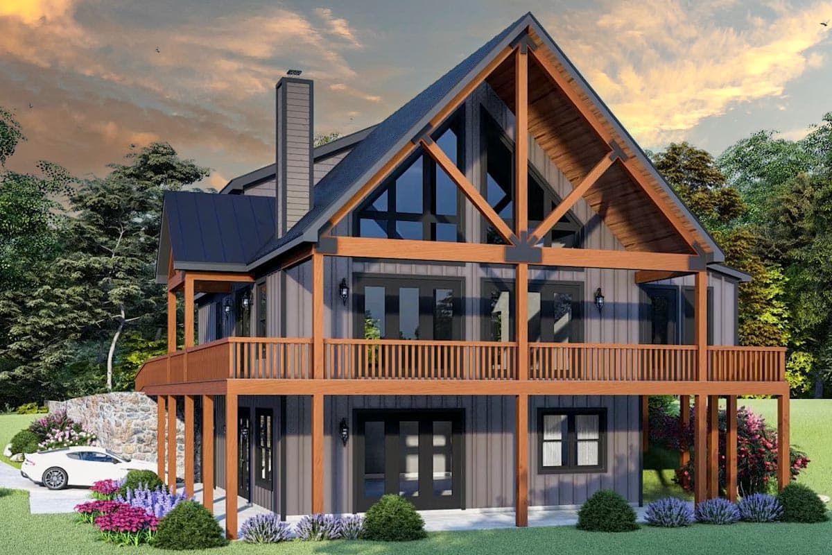 House plan exterior with A-frame gables, exposed timber beams, wraparound deck, and stone foundation.