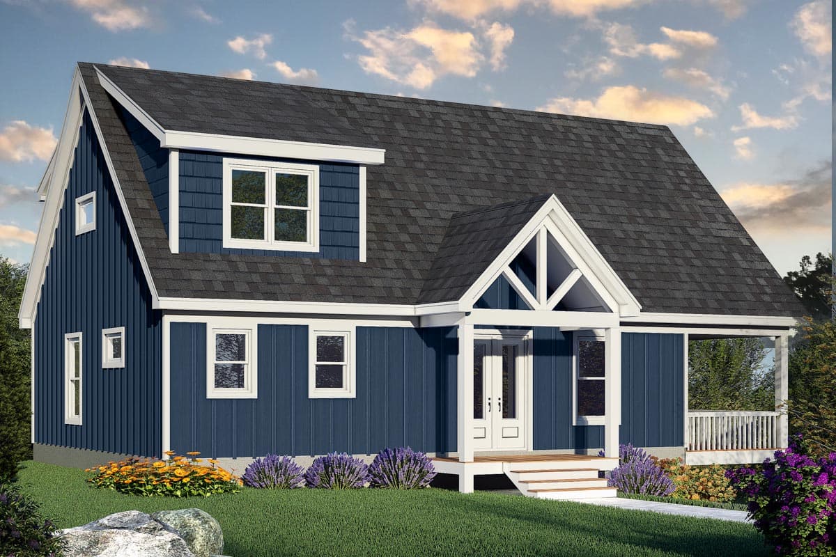 House plan exterior. Two-story home with a gabled roof, dormer, and front porch with exposed rafters. Features vertical siding.