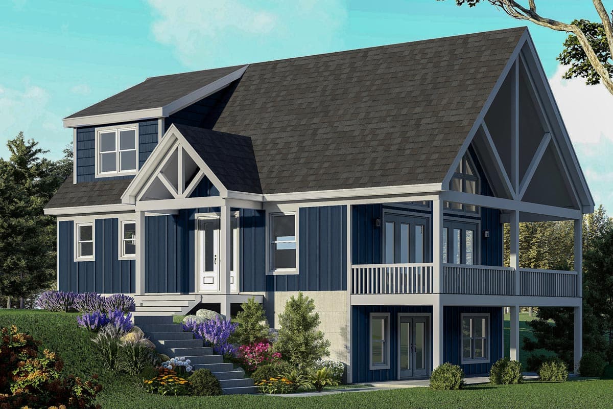House plan exterior: two-story Modern Farmhouse with gabled entrance, large covered porch, and vertical siding.