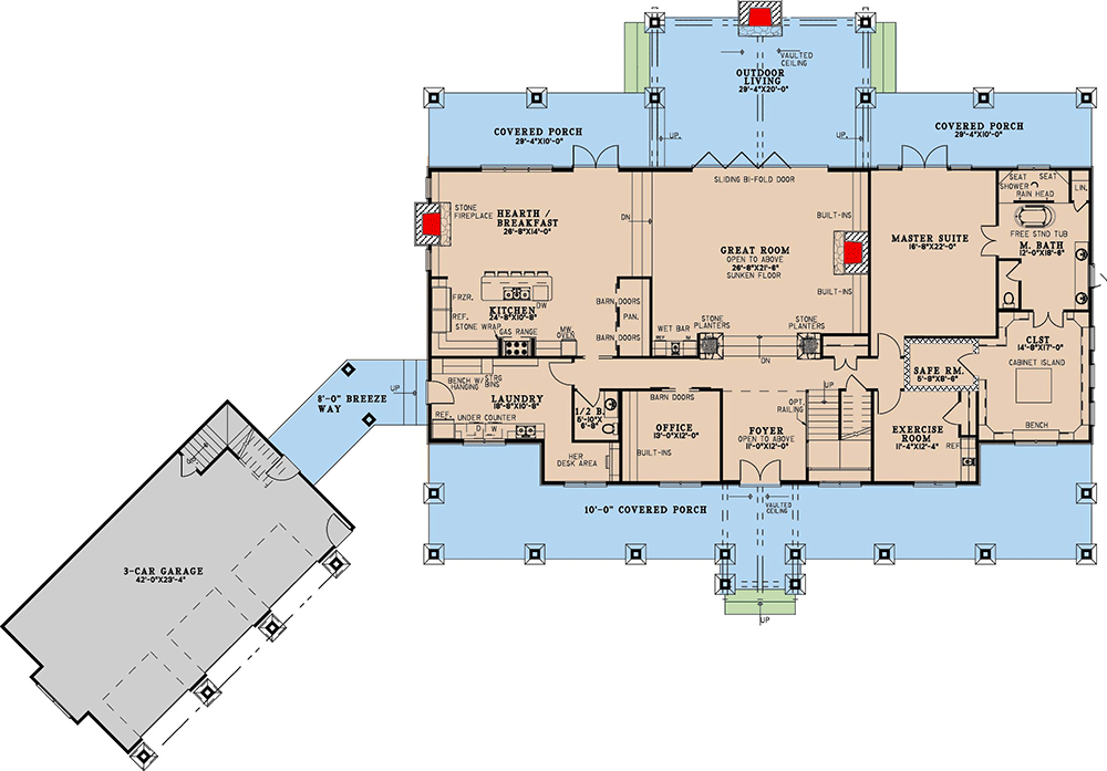 Plan 70875MK: Large Farmhouse Plan with 4 Beds and an Angled 3-Car Garage - 5178 Sq Ft - Floor Plan - Main Level - Country, Farmhouse, Traditional