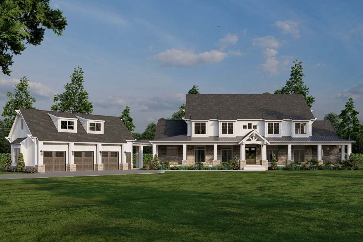 House plan exterior with farmhouse style, two stories, covered porch, multiple gables, and attached garage with dormers.