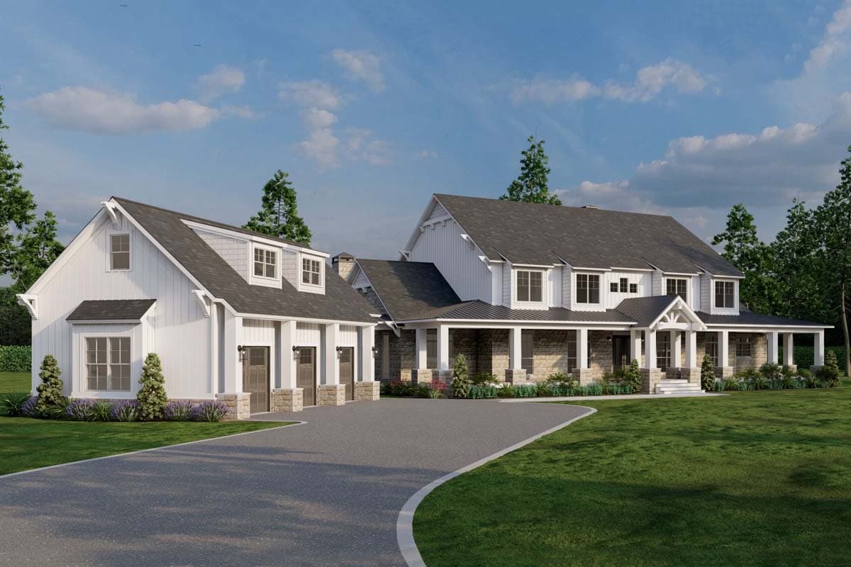 Modern farmhouse house plan exterior with wrap-around porch, stone accents, and attached three-car garage.
