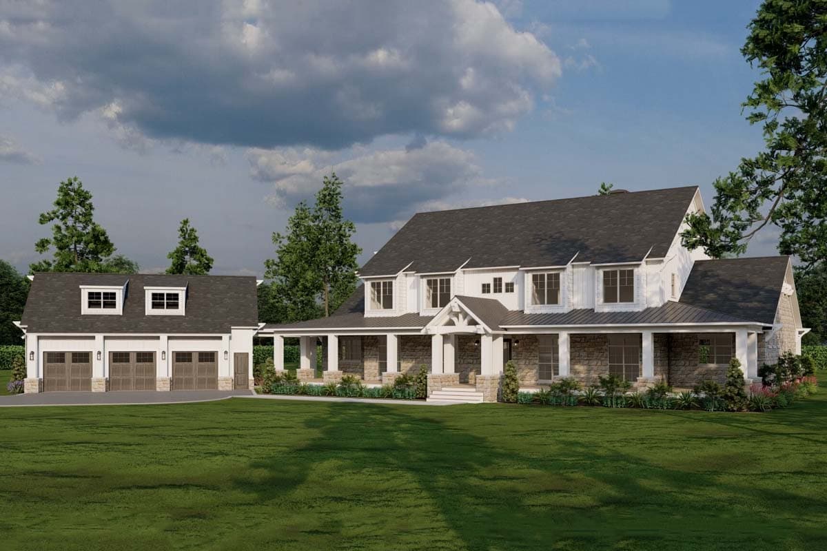 House plan exterior: two-story Modern Farmhouse with wrap-around porch, stone base, and attached three-car garage.